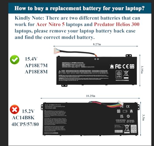 AP18E7M Battery for Acer Nitro 5 AN515-44 Nitro 7 AN715-51 Nitro 5 AN515-54 AN517-51，Predator Helios 300 PH315-52 PH317-53,Aspire 7 A715-74G,AP18E8M 4ICP4/69/90 4ICP4/70/88 KT.00407.009 KT00407009 - size: AP18E7M 9.76 5.04 0.67