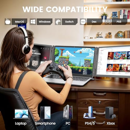 KEFEYA 15.6" Laptop Screen Extender, Includes Power Bank, FHD 1080P IPS Triple Laptop Monitor Extender for 13-17" Laptops, Plug & Play with HDMI/USB-A/TYPE-C/Hub, Compatible with Windows, Mac, Android