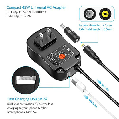 Belker 45W Universal 5V 6V 7.5V 9V 12V 13.5V 15V AC Adapter with USB C tip | DC Power Supply for LCD LED Strip Light Router CCTV Camera - 1A 2A 3A 3000mA Max - Fast USB Charging Port 5V 2A - size: 45w 5-15v 3a w/USB