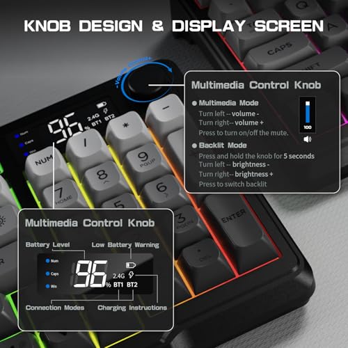 LexonElec M96 Wireless Keyboard, Low Profile Quiet Typing Membrane Gaming Keyboard with Smart Display & Knob, RGB Backlit, USB C Rechargeable, 94 Keys PBT Keycap for Windows PC,Mac,Linux-Moonlit Night - color: Moonlit night