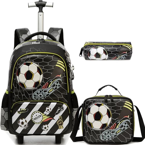Meetbelify Kids Football Rolling Backpack with Wheels for Elementary Preschool Students Boys Travel Luggage Carry on Backpack for Boys Ages 6-8 - color: 02 Football
