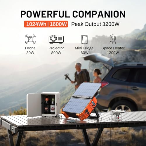 BROWEY 1600W (3200W Peak) Portable Power Station, 1024Wh LiFePO4 Battery with Built-in Solar Panel, 100W USB-C PD, Solar Generator for Camping, RV, Home Backup, Emergency - style: S1600 Orange