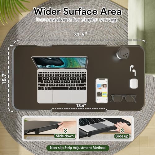 180° Tilt Foldable Standing Desk 32" Bedside Table on Wheels | Pneumatic Height Adjustable Rolling Laptop Desk with 4 Hidden or Lockable Casters, Portable Overbed Table for Sofa Bed, Black - color: Black