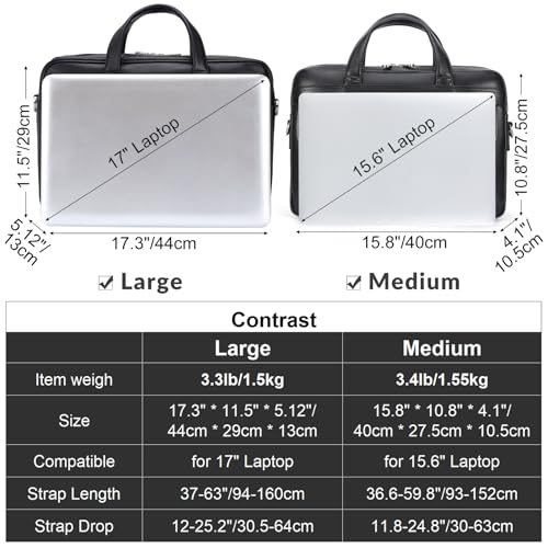 Masa Kawa Leather 15.6" & 17" Laptop Briefcase Men Business Messenger Bag | Full Grain Cowhide Business Travel Office Work Crossbody Shoulder Professional Attache Case for 2 Computers - color: Black-fits 15.6" Laptop
