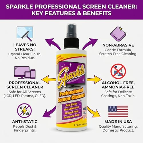 Sparkle Screen & Monitor Cleaner Spray, Ammonia & Alcohol-Free, Anti-Static, Streak-Free Formula for TVs, Laptops & Displays, 8 fl oz (Pack of 6) - size: 8 Fl Oz (Pack of 6)