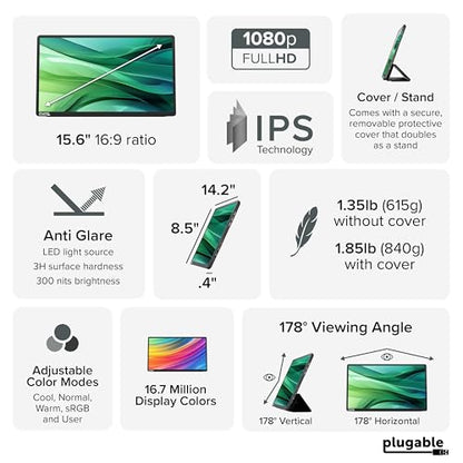 Plugable 15.6" USB-C Portable Monitor with 100W Pass-Through Charging | 2X USB-C 10Gbps Hub | FHD 1920x1080 IPS Display for Mac, Windows, iPad, Smartphone | 1.85lbs, Travel Cover/Stand Included