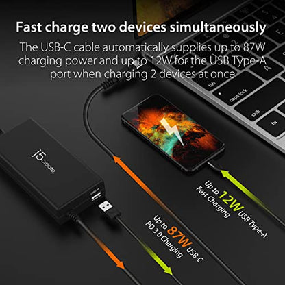 j5create USB Type C PD 100W Fast Charger for MacBook Pro, Chromebook, Laptop, Notebook, Tablet, Android, and iOS Smartphones (JUP2290)