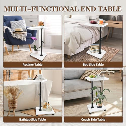 C Table Side Table End Table Adjustable Height，C Shaped End for Couch，Snack Tables,360°Swivel TV Tray Sofa Table， For Small Spaces，Side Tables living room and bedroom for Sofa, Bed,Chair(White) - color: White