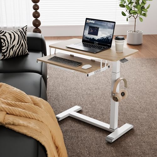 ETHU Overbed Table with Wheels, Medical Table with Drawer, Hospital Bed Table, Workstation Desk, Adjustable Overbed Bedside Rolling Laptop Desk, Oak - color: Oak