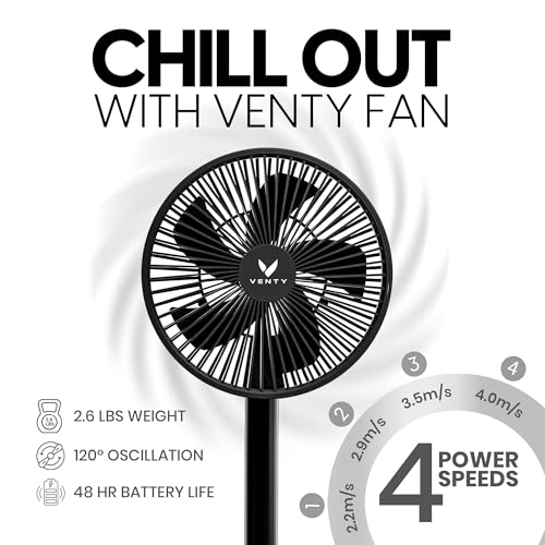 VENTY Portable Fan - Wireless Battery Operated Fan - 4 Speeds - LED Lighting - Carry Case & Remote Control - Cruise Travel - Outdoor Travel RV Power Bank With USB-C Port (Black with Case) - color: Black