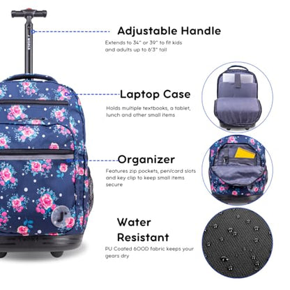 J World Sundance Laptop Rolling Backpack for Girls Boys. Roller Bookbag with Wheels, 20 Inch, Navy Rose - color: Navy Rose