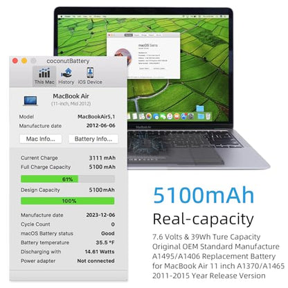 A1465 Battery Replacement, A1406 Battery for MacBook Air 11 Inch Early 2015, Early 2014, Mid 2013, Mid 2012, Mid 2011 Model A1370 A1495 Capacity 7.6V 39W 5100mAh