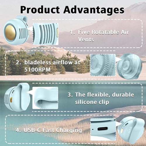 Portable Clip-On Fan, Mini USB Rechargeable 360° Rotatable Fan, Personal Fan 3-Speed Silent Mini Bladeless Fans (1pack（Blue) - color: 1pack（Blue)