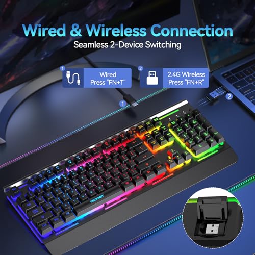 TECKNET Wireless Gaming Keyboard, 4000mAh Rechargeable Keyboard | 2-in-1 (2.4G Wireless & Wired) Connection, 15-Zone RGB Backlit, Whisper Quiet Design, 25 Anti-ghosting Keys, Metal Panel
