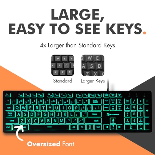 X9 Wired Keyboard and Mouse Combo - Large Print Backlit Keyboard and Mouse for Elderly, Low Vision, Visually Impaired - 7 LED Light Up Color, Lighted Large Letters for Laptop PC Computer USB