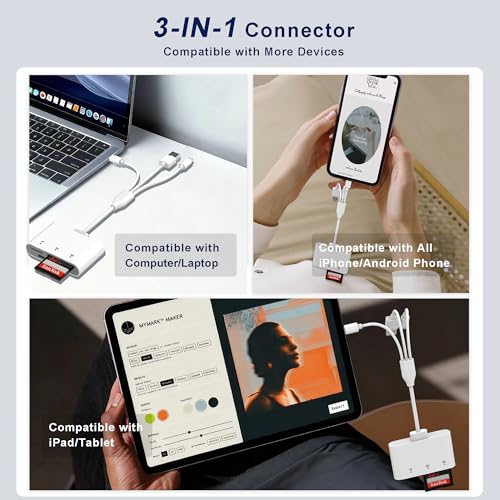 3-in-1 SD Card Reader for iPhone with Lightning/USB-C/USB-A - XD,SD,MicroSD Memory Card Adapter up to 2TB, Compatible with iPhone 16/15/14, iPad, Android, MacBook,PC,Camera & Drone