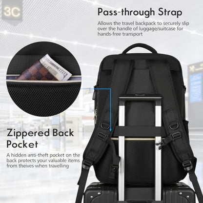 Large Travel Backpack Women, Flight Approved Carry On Backpack, Water Resistant Anti-Theft Casual Daypack Bag Fit 18.4 Inch Laptop with USB Charging Port, Black - color: Black, size: 18.4 inch