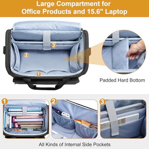 Trunab Rolling Teacher Bag, Teacher Tote Bag with Padded Sleeves | with Bottom Pad and Detachable Trolley, Wheeled Teacher Bag Holds up to 15.6” Laptop - color: Black