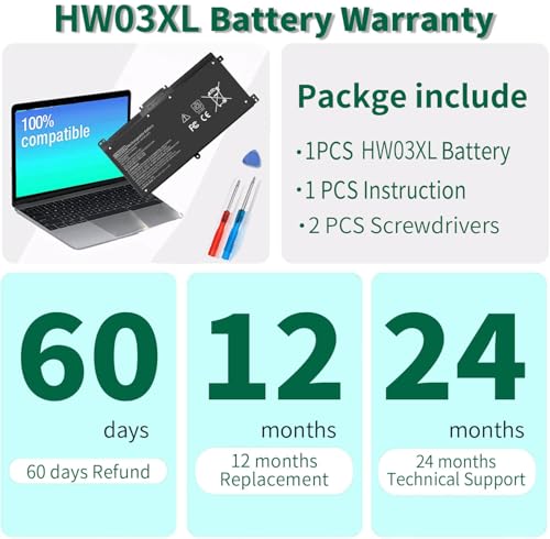41.04Wh HW03XL Battery for HP L97300-005, Replacement for HP Pavilion 15-EG | 15-EH 17-CN 17-CP 15-eg0xxx 15t-eg000 15-eg0053cl 15-eh0050wm 17-cn0xxx HWO3XL HW03041XL - size: 7.6*3.82*0.25inch HW03XL