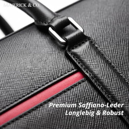 Maverick & Co. Manhattan Genuine Saffiano Leather Briefcase for Men - Slim Professional Laptop Bag for Work & Business Travel, Fits 16" Laptop (Black-Racing Red)