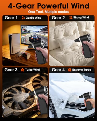 Compressed Air Duster, 180000 RPM Turbo Dust Blower, 45W Charge | SuperPower Mini Cordless Electric Air Duster, 8000mAh, 4 Adjustable Speeds, Keyboard/PC/Car Cleaner, Replace air can - color: Black