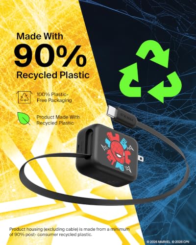 Belkin Marvel Spider-Man 67W USB C Retractable Charger Block Fast Charging | 3.3ft Retractable Cable, USB C Port, iPhone 17, Galaxy S26, AirPods, iPads, MacBook, Travel Charger, Charge Up to 2 Devices - color: Spider Man, style: 67W
