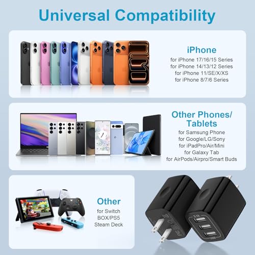 USB Wall Charger Plug Multi Port Quick Charge Block Cube 3.1A Power Adapter | For iPhone 17e 17 Pro Max Air 16e 16 15 14 13 12 Pro Max XS 8 iPad Samsung Galaxy S26 S25 S24 S23 Ultra/Note20 Ultra, 2Pack - color: all black