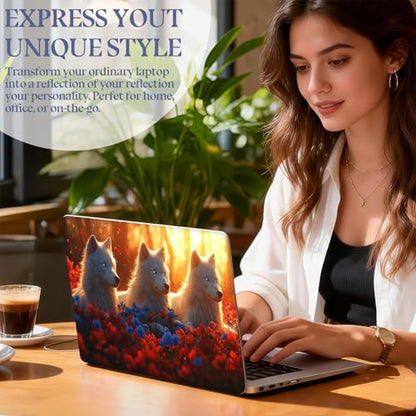 Universal Laptop Skin Sticker Decal,15.6 Inch Laptop Vinyl Cover for 13" 14" 15.6" Laptop,Scratch-Resistant Waterproof Protector Wrap,Reusable with Wrist Pads,White Wolves Blossoms - color: White Wolves Blossoms