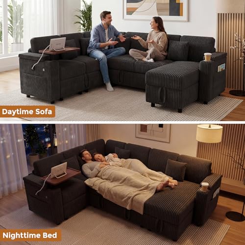100" Modular Sectional Sleeper Sofa with Pull Out Bed/Side Table/USB Charging/Storage Chaise, U Shaped 7 Seat Corduroy Sofa with Storage Armrests/Cup Holders, Comfy Convertible Cloud Couch, Grey