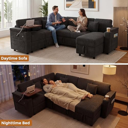 100" Modular Sectional Sleeper Sofa with Pull Out Bed/Side Table/USB Charging/Storage Chaise, U Shaped 7 Seat Corduroy Sofa with Storage Armrests/Cup Holders, Comfy Convertible Cloud Couch, Grey