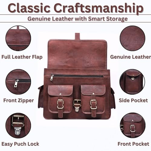 Genuine Leather Messenger Bag for Men & Women, Handmade Vintage Laptop Shoulder Bags with Adjustable Strap, Crossbody Briefcase for Office, College and Travel - 18 Inch, Brown