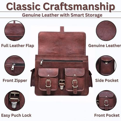 Genuine Leather Messenger Bag for Men & Women, Handmade Vintage Laptop Shoulder Bags with Adjustable Strap, Crossbody Briefcase for Office, College and Travel - 18 Inch, Brown