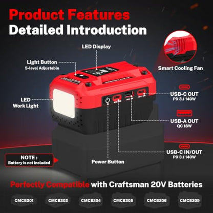 140W USB Battery Charger Adapter Compatible with Craftsman 20V Battery | PD 3.1 Fast Charging with Dual USB-C, 18W USB-A, Portable Phone Charger with 700LM LED Work Light and LED Screen Display - color: Deep Red
