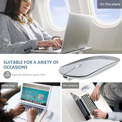 FENIFOX Wireless Bluetooth Mouse, Slim Travel Silent Rechargeable Silver | Flat, Portable, Whisper Quiet, 3 Buttons Design , 2400 DPI Precision for iPad Laptop MacBook Tablet iPhone - color: Silver