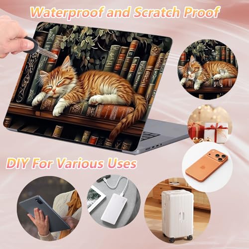 Laptop Skin Sticker Decal 12" 13" 13.3" 14" 15" 15.6",Waterproof Scratch Resistant Vinyl,Reusable Easy to Apply,for MacBook HP Dell Notebooks Netbooks Laptop,2 Wrist Pads,Cat Bookshelf - color: Cat Bookshelf