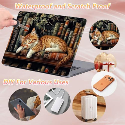 Laptop Skin Sticker Decal 12" 13" 13.3" 14" 15" 15.6",Waterproof Scratch Resistant Vinyl,Reusable Easy to Apply,for MacBook HP Dell Notebooks Netbooks Laptop,2 Wrist Pads,Cat Bookshelf - color: Cat Bookshelf