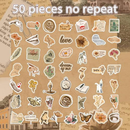Vintage Aesthetic Stickers for Adults - 50 Pcs Retro Waterproof Scrapbook Stickers, Flower Butterfly Vinyl Water Bottle Decals for Daily Planner Journaling Laptop - style: Vintage
