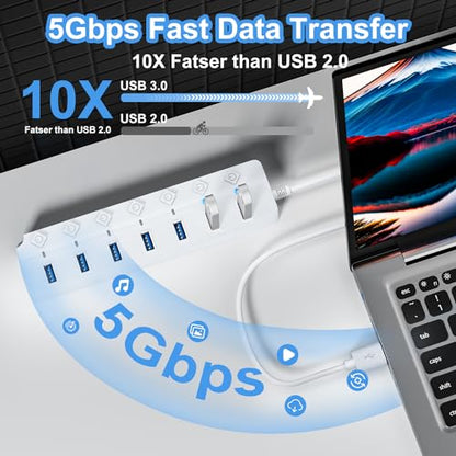 USB Hub 7 Port, USB Splitter with Individual On/Off Switches and Lights | USB 3.0 Hub with 3.3ft Cable, Extender for A Port Laptop, PC, Desktop-White - color: White