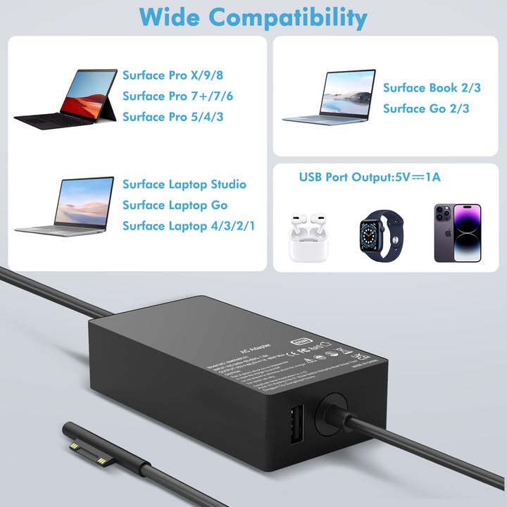65W Surface Pro Laptop Charger Compatible with Microsoft Surface Pro 11 10 9 8 7 6 5 4 3 X Power Adapter,Surface Laptop 1 2 3,Compatible for Both Microsoft Surface Book Laptop,Works with 65W&44W&36W - color: BLACK2