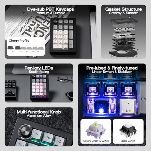 EPOMAKER EK21 VIA Gasket Number Pad w/ 1000mAh Battery, BT 5.0/2.4GHz/Wired | Hot-Swap Numpad with Aluminum Alloy knob, Programmable for Win/Mac/Gaming (Black Silver, Wisteria V2 Switch) - color: Black Silver, size: Wisteria V2 Switch