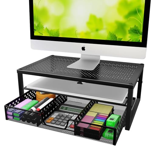 Simple Trending Metal Monitor Stand Riser and Computer Desk Organizer with Drawer for Laptop, Computer, iMac, Black | 16"W x 10"D x 6.25"H. Sturdy Metal Frame. 2-tier + drawer. Holds 66 lbs. Anti-slip. Fits laptop, monitor, iMac. Easy assembly