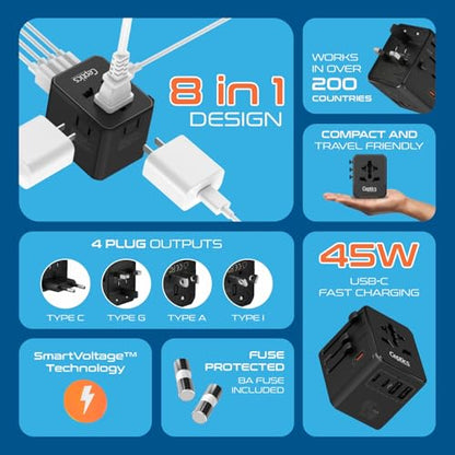 Ceptics 8 in 1 Universal Travel Adapter for EU, UK, US, AU and More, World Travel Adapter, 2X US Socket, Universal Socket, 3X USB-C and 2X USB-A, 45W Fast Charge – UP-45KU-BL - color: Black