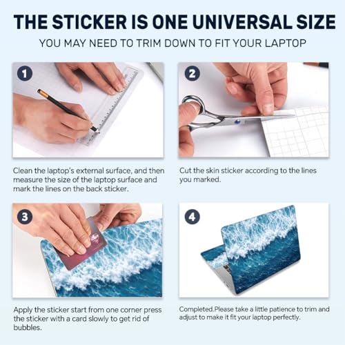 3Pcs Ocean Laptop Skin Sticker Waves Universal Removable Vinyl Stickers Fits for 12.1 13 14 15.6 16 Inch Waterproof Notebook Decal Cover Gift - color: dark blue and light blue