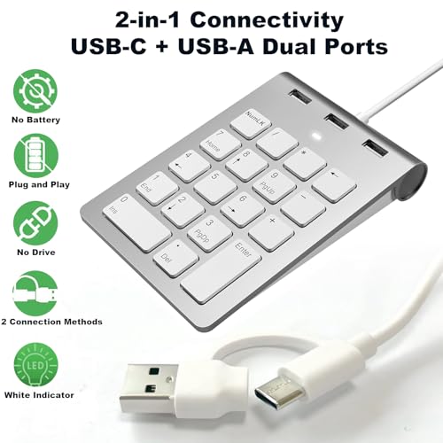 2-in-1 Number Pad & USB Hub with USB-C and USB-A Cables, 15° Ergonomic Wired Numpad with 3 USB 2.0 Ports, 18 Keys Numeric Keypad for Laptop/Desktop/Surface/iPad/Mac/No Adapter Needed USB Number Keypad