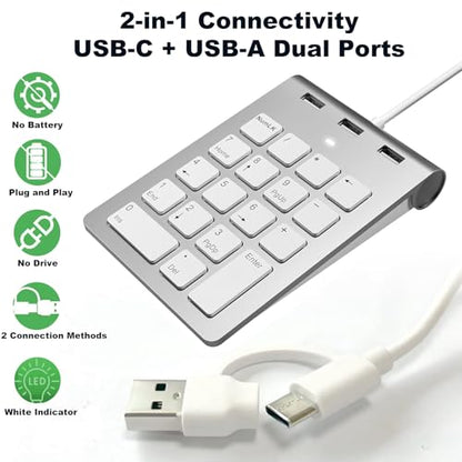 2-in-1 Number Pad & USB Hub with USB-C and USB-A Cables, 15° Ergonomic Wired Numpad with 3 USB 2.0 Ports, 18 Keys Numeric Keypad for Laptop/Desktop/Surface/iPad/Mac/No Adapter Needed USB Number Keypad