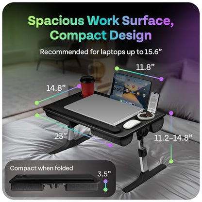 Lap Desk with Legs & Cushions: 2-in-1 Foldable Bed Desk for Adults - One-Touch Height Adjustment, Bed Table Tray Hold: up to 15.6“ Laptop, Mouse Cup Phone - Laptop Stand Desks for Bed (Black) - color: Black