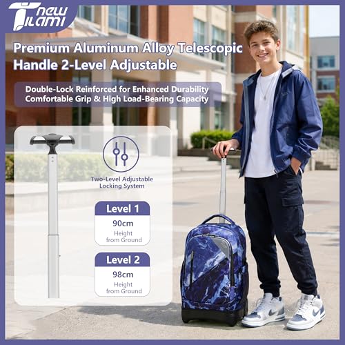 NEW TILAMI 18 Inch Rolling Backpack with Lunch Bag for Girls Boys School | 6-Wheel Stair-Climbing Girls Boys Carry-on Suitcase Water-Resistant Adjustable Trolley Handle Wheels School Travel Camping - color: Lightning Purple