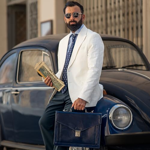 Time Resistance Leather Briefcase for Men - Business Laptop Bag - Italian Handmade Leather Bag - Attache - Gift Box Included - color: Blue
