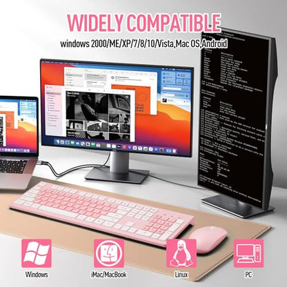 Wireless Silent Keyboard and Mouse Combo, Ultra-Slim Sleek Design Full-Sized Wireless Keyboard and Adjustable DPI Mouse, 2.4GHz USB Receiver for PC, Windows, MAC, Desktop, Laptop (Pink)