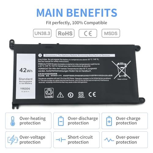 YRDD6 42Wh Laptop Battery Replacement for Dell inspiron 14 15 17 3000 3501 3582 3583 3584 3593 3493 3793 5480 5481 5482 5485 5491 5493 5584 5585 5590 5591 5593 5594 5598 7586 Vostro 5481 1VX1H P93G